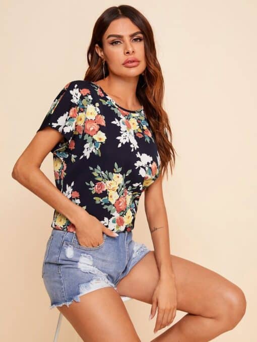 SHEIN Floral Print Batwing Sleeve Top