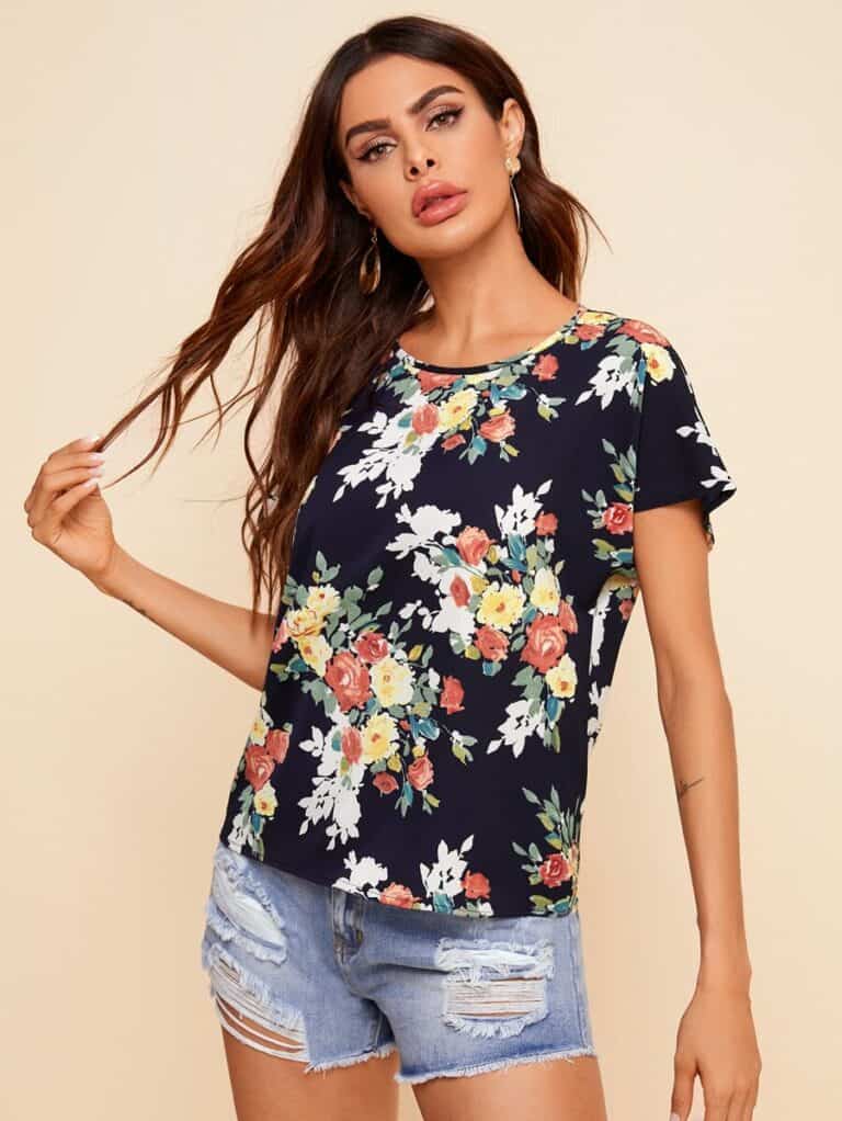 SHEIN Floral Print Batwing Sleeve Top - Pink Shop
