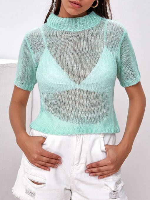 Mock Neck Sheer Knit Top Without Bra