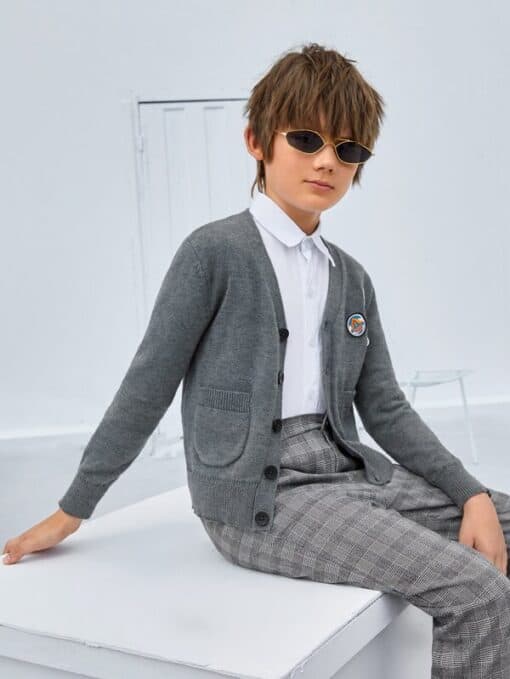 SHEIN Boys Buttoned Front Patched Detail Pocket Front Cardigan - Image 3