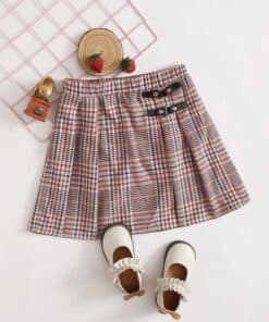 SHEIN Girls Buckle Pleated Detail Plaid Skirt