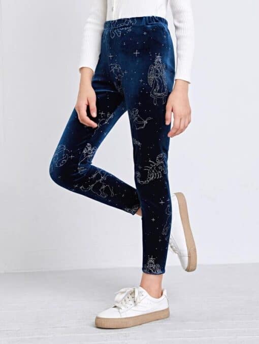SHEIN Girls Elastic Waist Constellation Print Velvet Leggings
