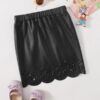 SHEIN Girls Elastic Waist Laser Cut Scallop Hem Leather Look Skirt