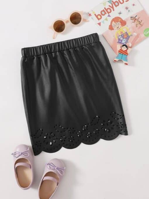 SHEIN Girls Elastic Waist Laser Cut Scallop Hem Leather Look Skirt