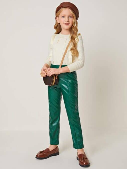 SHEIN Girls Elastic Waist PU Leather Pants - Image 5
