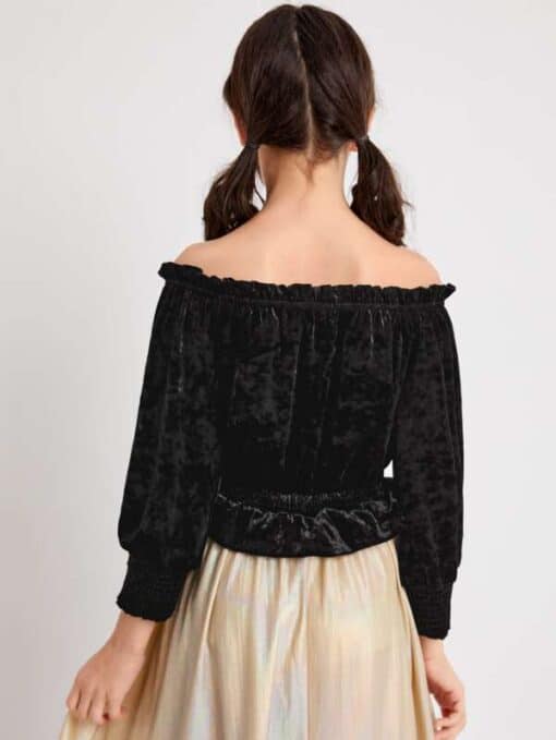 SHEIN Girls Frilled Off Shoulder Shirred Panel Velvet Top - Image 2