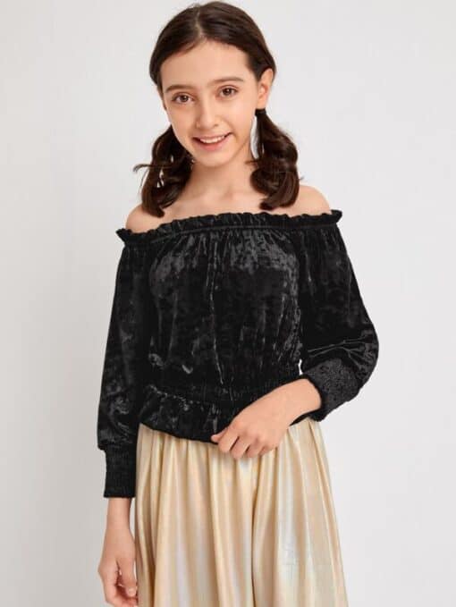 SHEIN Girls Frilled Off Shoulder Shirred Panel Velvet Top - Image 3