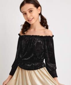 SHEIN Girls Frilled Off Shoulder Shirred Panel Velvet Top