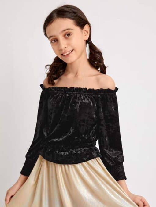 SHEIN Girls Frilled Off Shoulder Shirred Panel Velvet Top