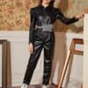 SHEIN Girls Gigot Sleeve Flap Detail Zipper Placket PU Jumpsuit Without Bag