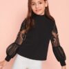 SHEIN Girls Lace Lantern Sleeve Zip Back Top