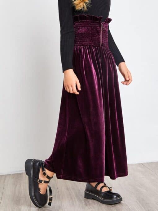 SHEIN Girls Shirred Waist Wide Leg Velvet Pants - Image 3