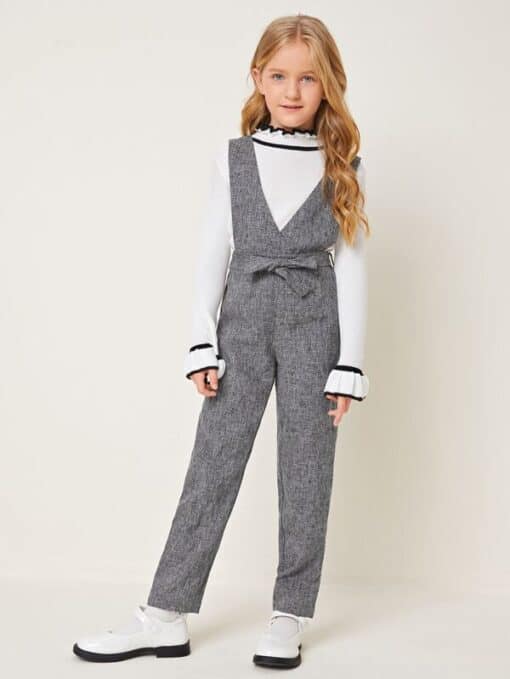 SHEIN Girls Surplice Neck Belted Linen Look Overall Jumpsuit