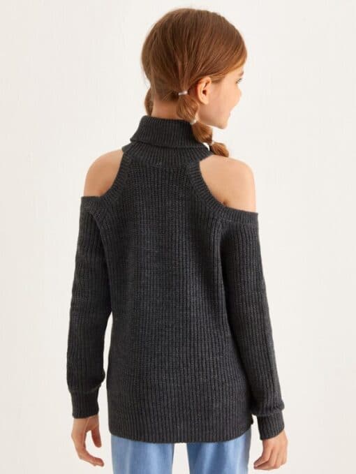SHEIN Girls Turtleneck Cold Shoulder Ribbed Sweater - Image 2
