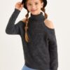 SHEIN Girls Turtleneck Cold Shoulder Ribbed Sweater