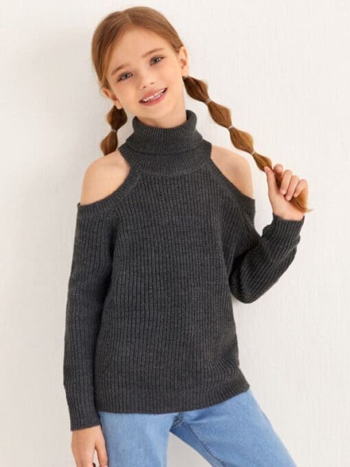SHEIN Girls Turtleneck Cold Shoulder Ribbed Sweater - Image 3
