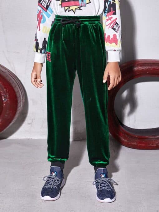 SHEIN Boys Letter Embroidery Pocket Front Velvet Sweatpants