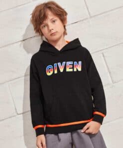 SHEIN Boys Letter Graphic Kangaroo Pocket Contrast Binding Hoodie