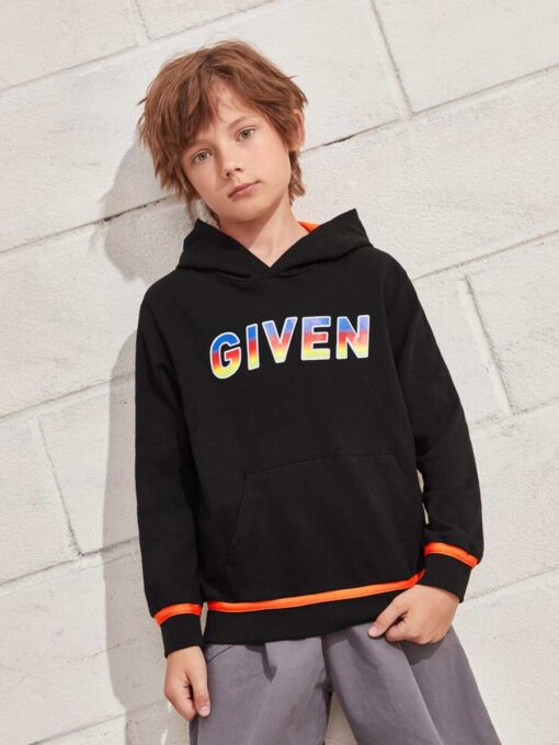 SHEIN Boys Letter Graphic Kangaroo Pocket Contrast Binding Hoodie