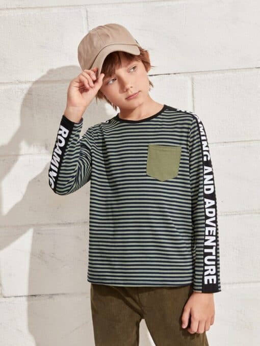 SHEIN Boys Letter Graphic Tape Striped Tee