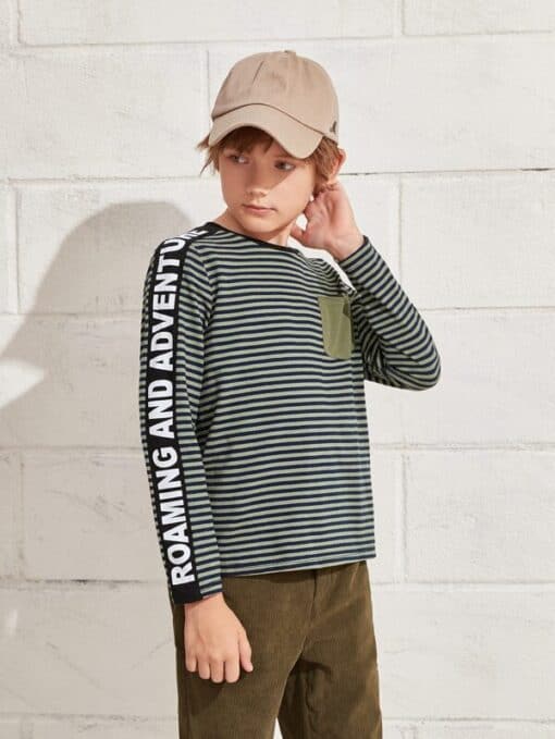 SHEIN Boys Letter Graphic Tape Striped Tee - Image 3