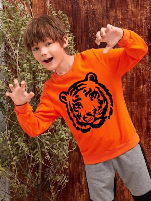 SHEIN Boys Neon Orange Tiger Print Pullover