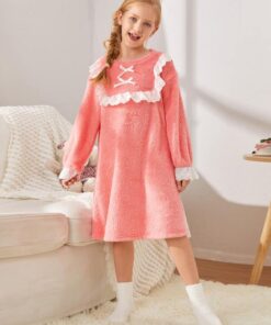 SHEIN Girls Bow Front Ruffle Trim Teddy Nightdress