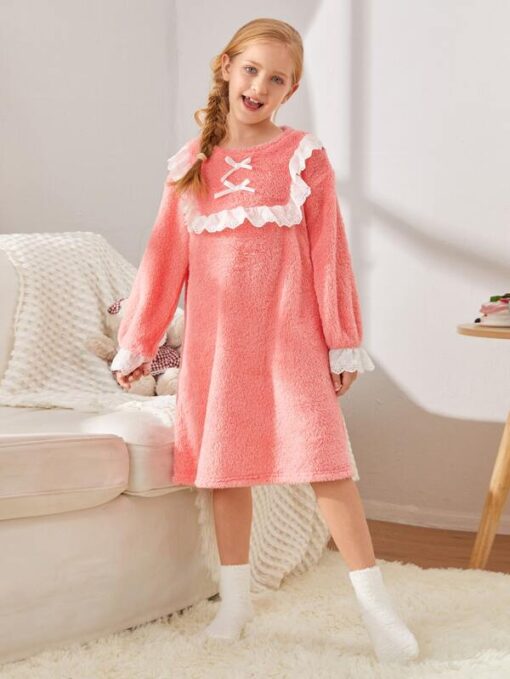 SHEIN Girls Bow Front Ruffle Trim Teddy Nightdress