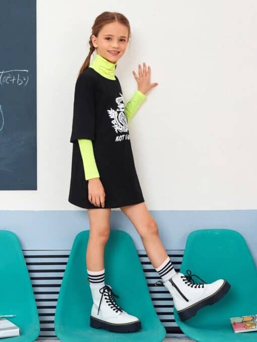 SHEIN Girls Chinese Dragon Graphic 2 In 1 Dress - Image 3
