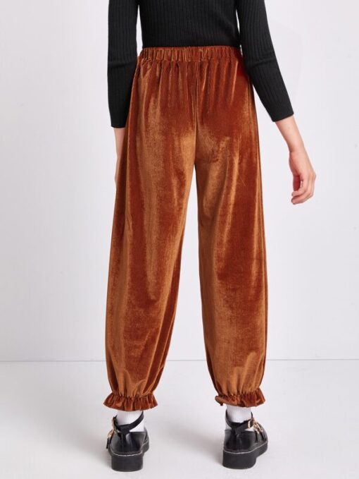 SHEIN Girls Elastic Waist Ruffle Hem Velvet Pants - Image 3
