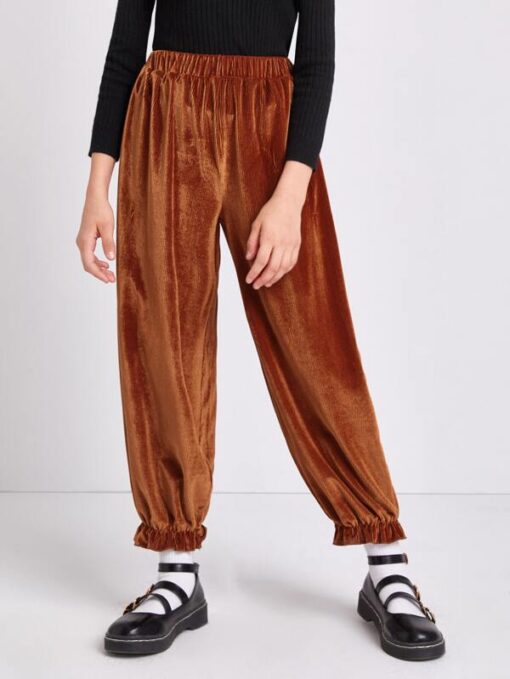 SHEIN Girls Elastic Waist Ruffle Hem Velvet Pants - Image 4
