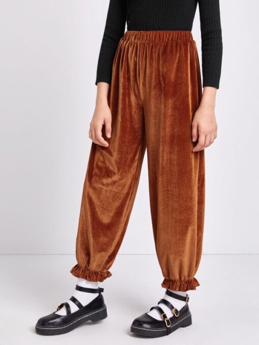 SHEIN Girls Elastic Waist Ruffle Hem Velvet Pants - Image 2