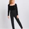 SHEIN Girls Gigot Sleeve Ruched Detail Velvet Bodice Jumpsuit