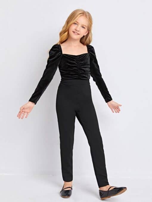 SHEIN Girls Gigot Sleeve Ruched Detail Velvet Bodice Jumpsuit - Image 3