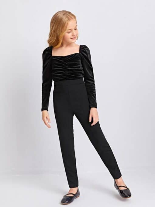 SHEIN Girls Gigot Sleeve Ruched Detail Velvet Bodice Jumpsuit