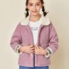 SHEIN Girls Letter Embroidery Button Front Teddy Jacket