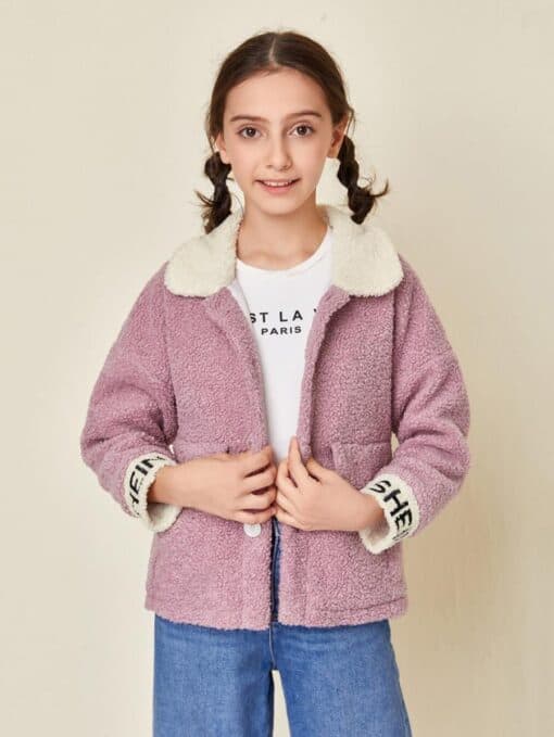 SHEIN Girls Letter Embroidery Button Front Teddy Jacket