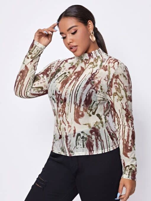 SHEIN Plus Mock Neck Sheer Mesh Top Without Bra - Image 3