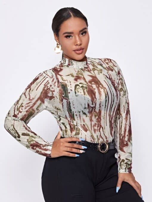 SHEIN Plus Mock Neck Sheer Mesh Top Without Bra - Image 4