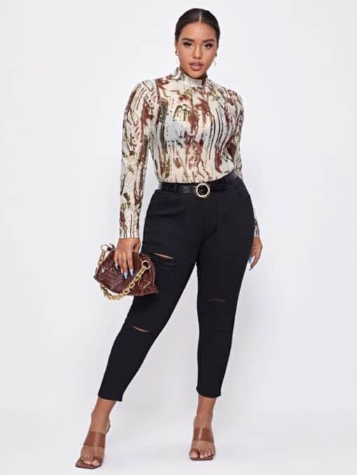 SHEIN Plus Mock Neck Sheer Mesh Top Without Bra - Image 2