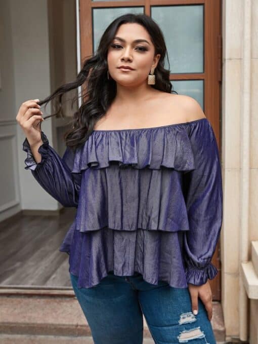 Shein Plus Layered Ruffle Bardot Denim Top - Image 3