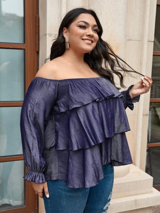 Shein Plus Layered Ruffle Bardot Denim Top - Image 4
