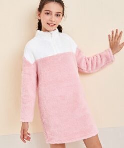 SHEIN Girls Colorblock Half Zipper Placket Teddy Sweatshirt Dress
