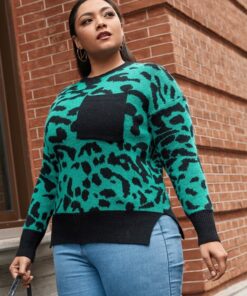 SHEIN Plus Drop Shoulder Pocket Front Leopard Sweater