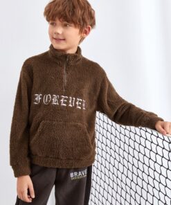 SHEIN Boys Zip Half Placket Letter Embroidery Pouch Pocket Teddy Sweatshirt