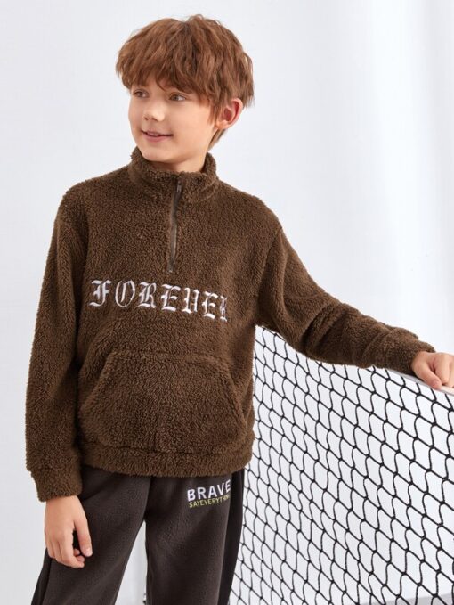 SHEIN Boys Zip Half Placket Letter Embroidery Pouch Pocket Teddy Sweatshirt