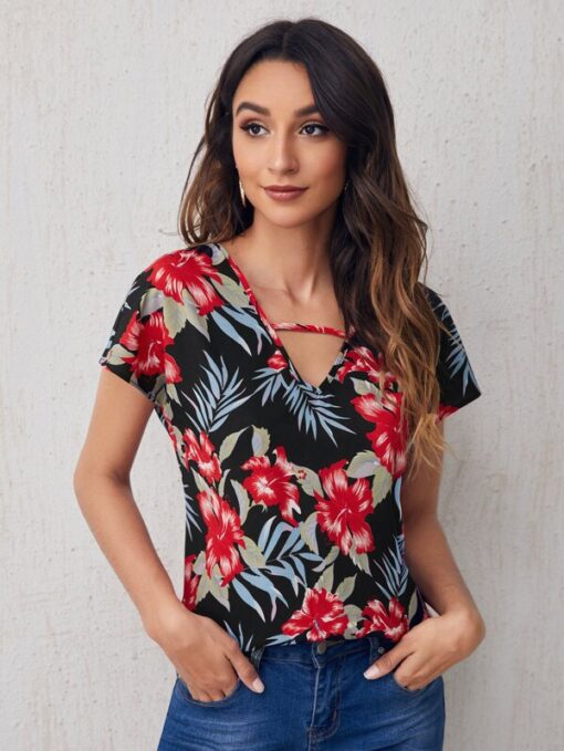 SHEIN Cutout V-neck Tropical Print Top - Image 3