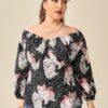Shein Plus Cat And Polka Dot Print Bardot Blouse
