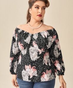 Shein Plus Cat And Polka Dot Print Bardot Blouse