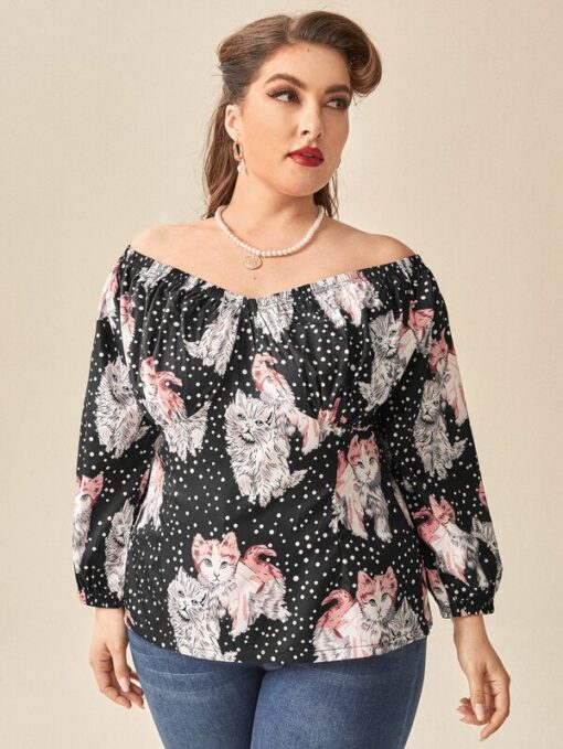 Shein Plus Cat And Polka Dot Print Bardot Blouse